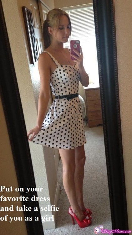 Teen Feminization Femboy hotwife caption: Put on your favorite dress and take a selfie of you as a girl Blonde in a Short White Dress