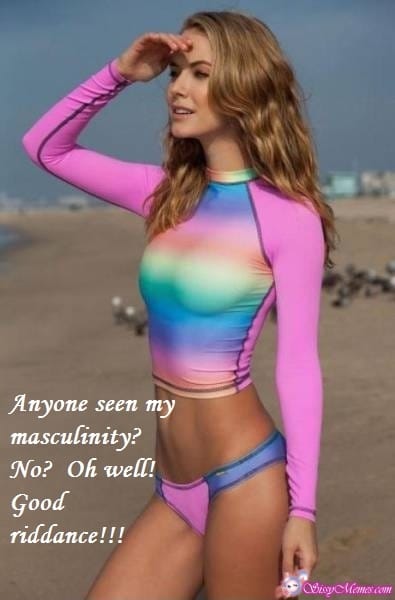 Teen Sexy Feminization sissy caption: Anyone seen my masculinity? No? Oh well! Good riddance!!! Blonde in a Swimsuit on the Beach