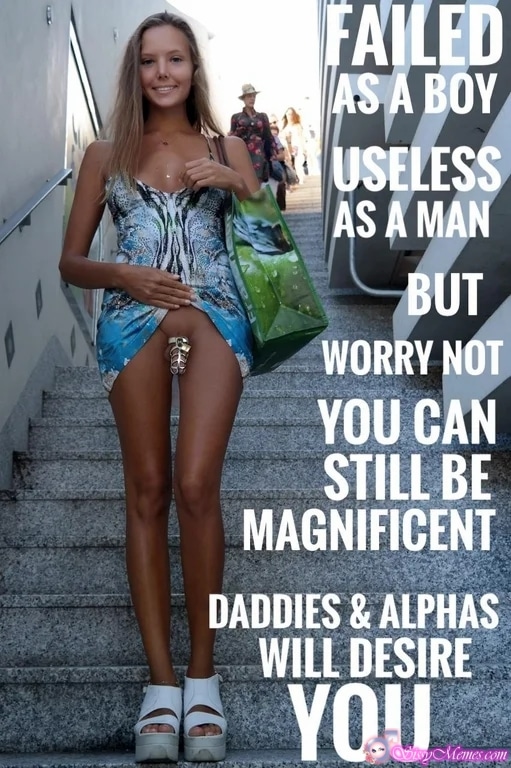 My Favorite Hypno Feminization Femboy hotwife caption: FAILED AS A BOY USELESS AS A MAN BUT WORRY NOT YOU CAN STILL BE MAGNIFICENT DADDIES & ALPHAS WILL DESIRE YOU Chastity Device on Blonde Sissyboy