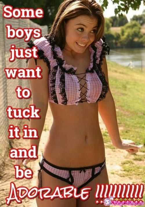 Trap Teen hotwife caption: Some boys just want to tuck it in and be ADORABLE !!! Crossdresser in Pink Lingerie