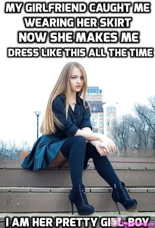 Feminization Femdom Femboy sissy caption: MY GIRLFRIEND CAUGHT ME WEARING HER SKIRT. NOW SHE MAKES ME DRESS LIKE THIS ALL THE TIME. I AM HER PRETTY GIRL-BOY Girl Without Panties Is Sitting on Steps