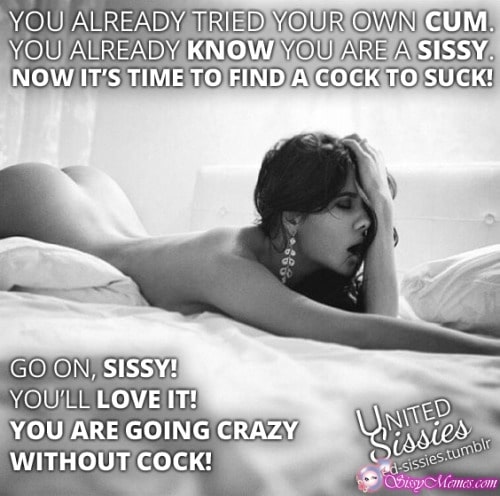 Sissygasm Porn My Favorite sissy caption: YOU ALREADY TRIED YOUR OWN CUM. YOU ALREADY KNOW YOU ARE A SISSY. NOW IT’S TIME TO FIND A COCK TO SUCK! GO ON, SISSY! YOU’LL LOVE IT! YOU ARE GOING CRAZY WITHOUT COCK! Horny Sissy on the Bed