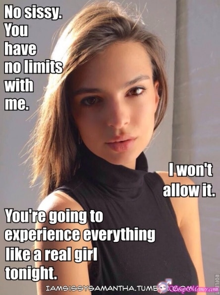 Hypno Feminization Femboy hotwife caption: No sissy. You have no limits with me. You’re going to experience everything like a real girl tonight. I won’t allow it. Pretty Bitchboy With Brown Eyes