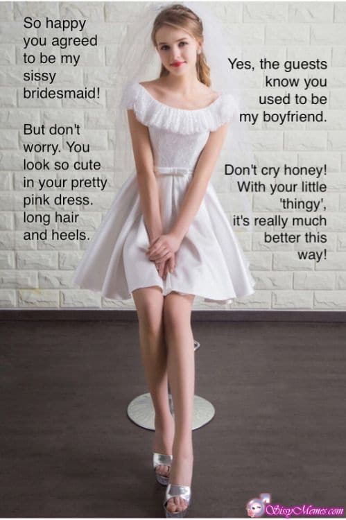 Training Teen Sexy Feminization Femboy sissy caption: So happy you agreed to be my sissy bridesmaid! But don’t worry. You look so cute in your pretty pink dress. long hair and heels. Yes, the guests know you used to be my boyfriend. Don’t cry honey! With your...