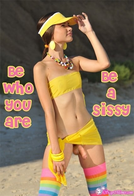 sissy in a yellow womens swimsuit