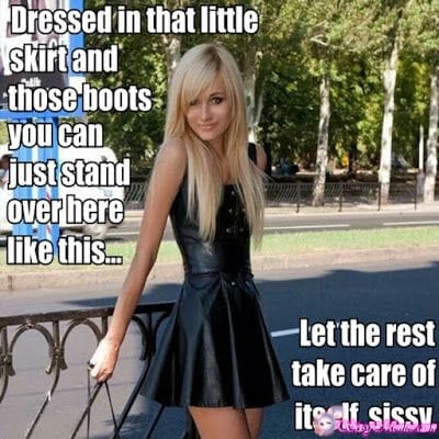 Teen Sexy Feminization Femboy hotwife caption: Dressed in that little skirt and those boots you can just stand over here like this… Let the rest take care of itself, sissy. Slender Blonde in a Black Leather Dress