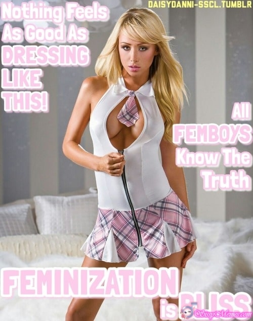 Hypno Feminization Femboy hotwife caption: All FEMBOYS Know The Truth is BLISS: Nothing Feels As Good As DRESSING LIKE THIS! FEMINIZATION The Blonde Unbuttons a Short Dress