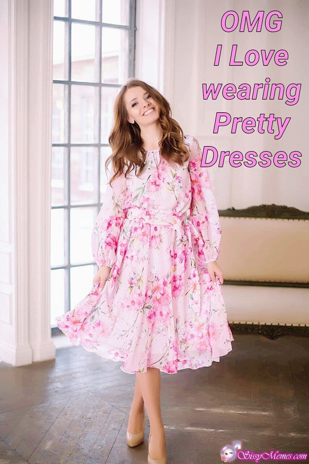 Feminization Femboy hotwife caption: OMG I Love wearing Pretty Dresses Beautiful Brunette in Light Summer Dress
