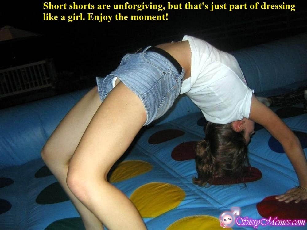 My Favorite Feminization Femboy hotwife caption: Short shorts are unforgiving, but that’s just part of dressing like a girl. Enjoy the moment! Cd Dressed in Womens Clothing