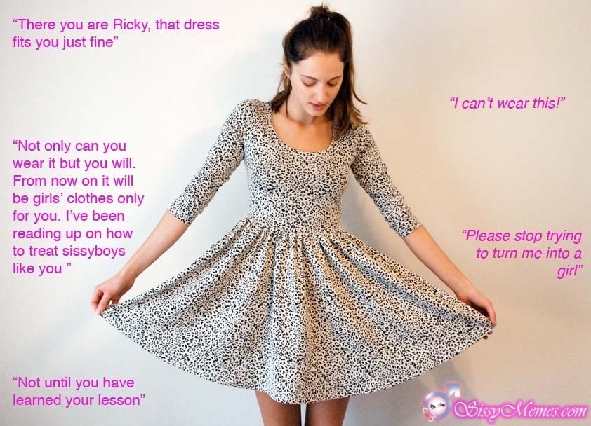 sissy looks at herself in womans dress