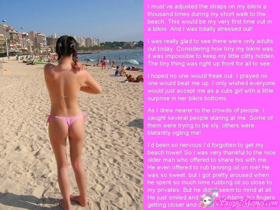 sissygirl wears only womens swimsuit on the beach