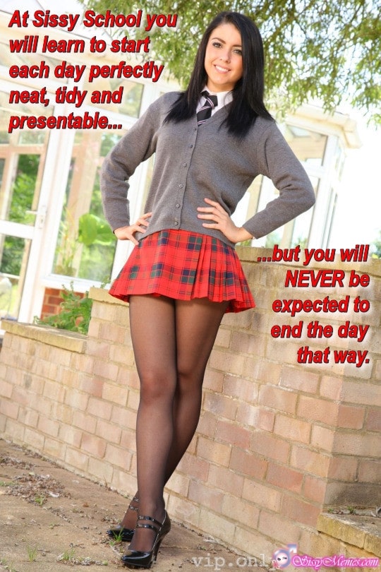 Hypno Feminization Femboy hotwife caption: At Sissy School you will learn to start each day perfectly neat, tidy and presentable… but you will NEVER be expected to end the day that way. Tall Brunette in Short School Skirts