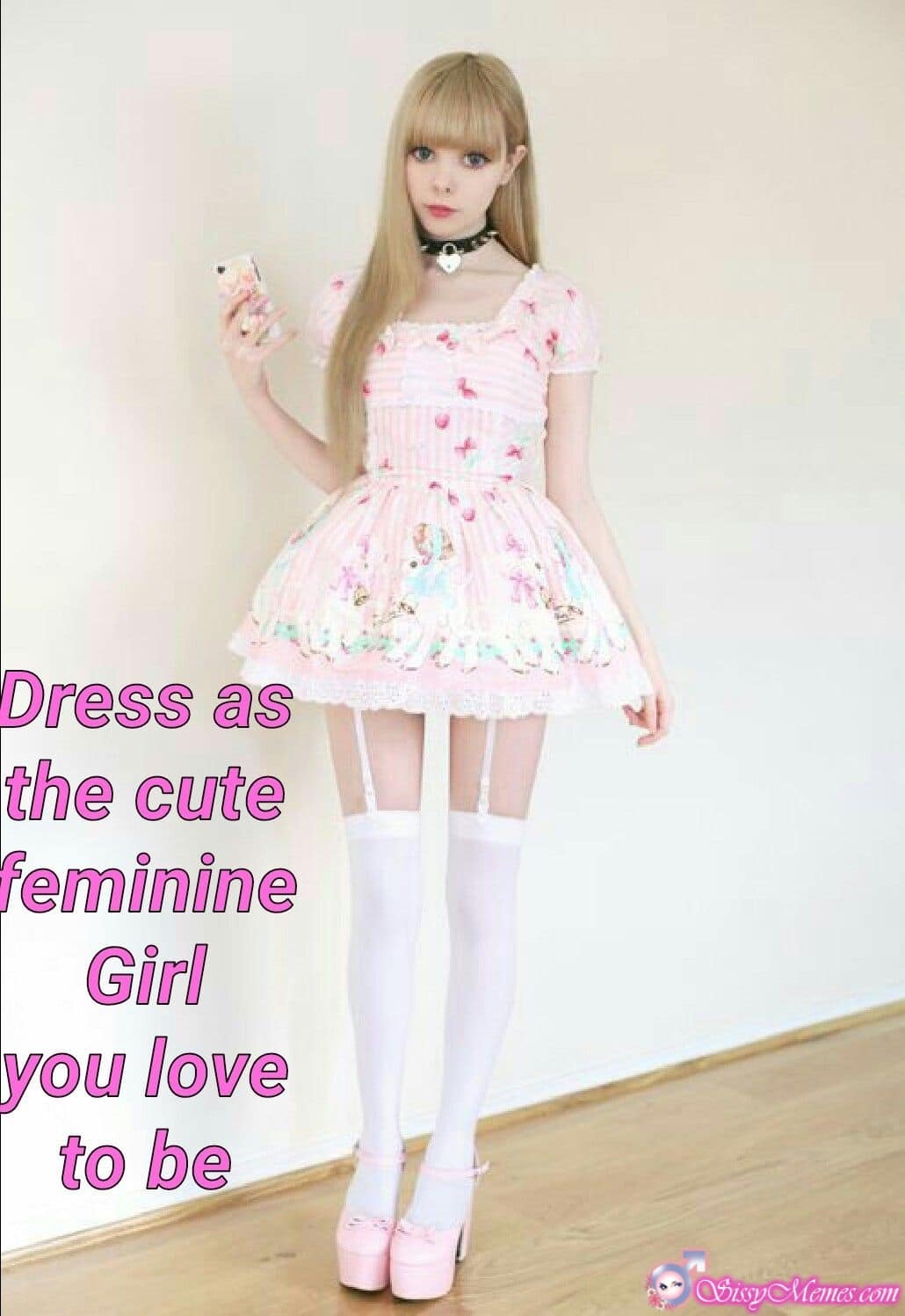 young crossdresser in pink light dress